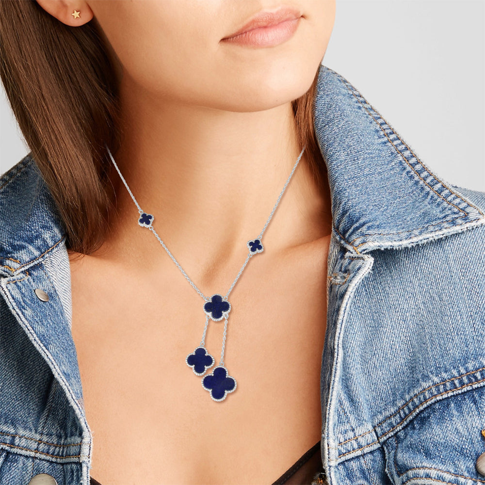 Quatrefoil Necklace: Faith:Hope:Love:Luck, Lapis Lazuli (Pure Silver Rhodium Polish)