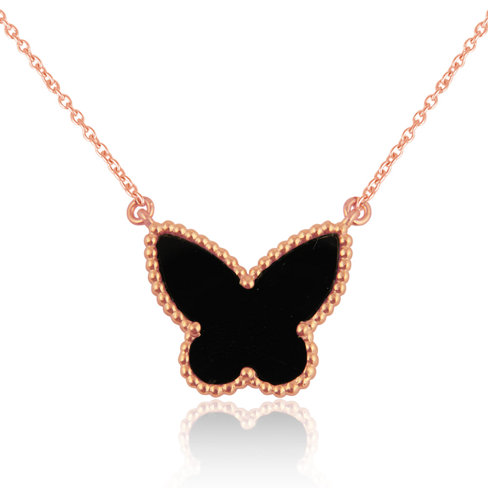 Butterfly : Joyful Transformation, Black Onyx, Pure Silver Rose Gold Filled