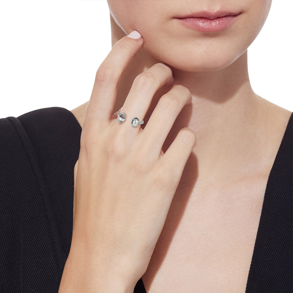 'Let's Meet' Herkimer Diamond and Fresh water Pearl Ring in Sterling Silver