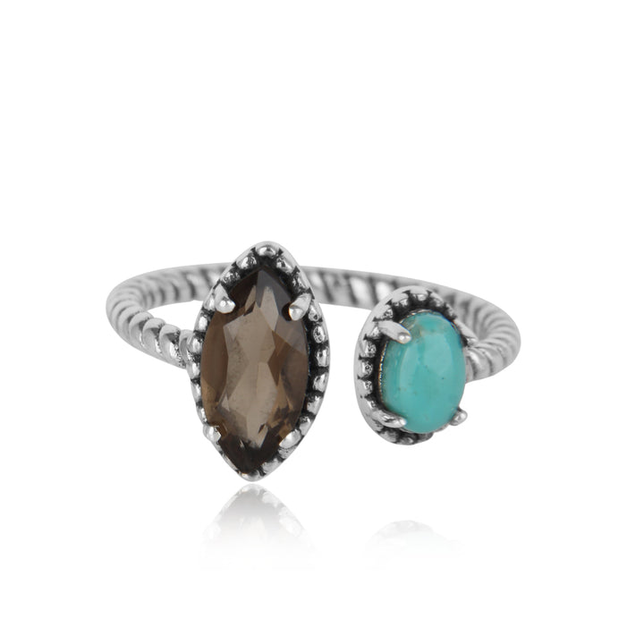 'Let's Meet' Smoky Quartz and Turquoise Ring in Sterling Silver