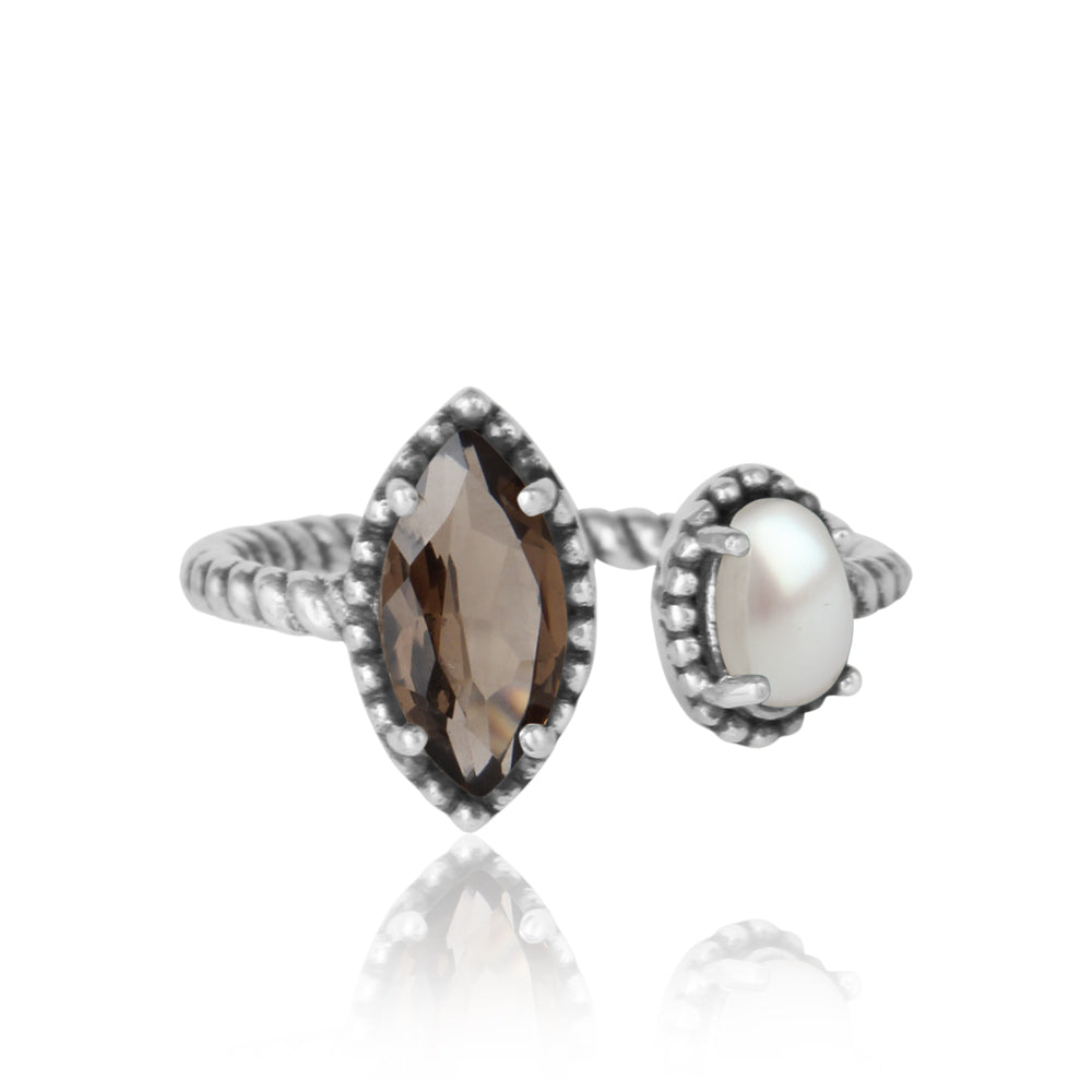 'Let's Meet' Smoky Quartz and Freshwater Pearl Ring in Sterling Silver