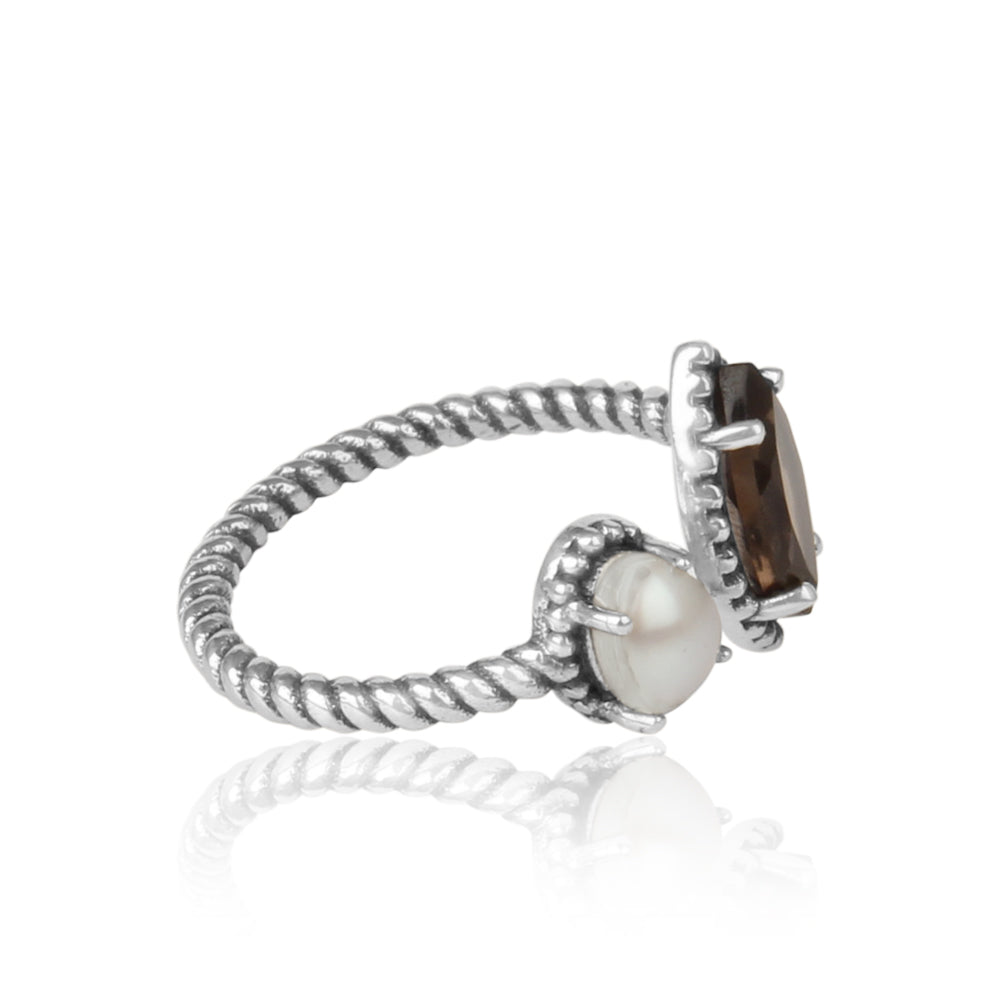 'Let's Meet' Smoky Quartz and Freshwater Pearl Ring in Sterling Silver